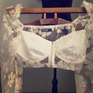 Nasty Gal Floral White Mesh Top